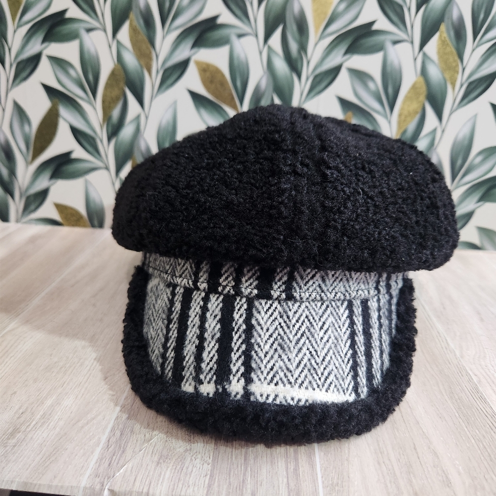 Tweed Plaid & Sherpa Brimmed Hat Black White Mixed Media One Size Adjustable 22"